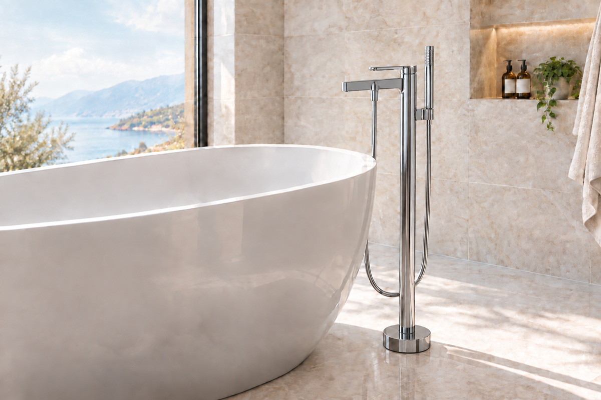 Bathroom scene with faucet in polished chrome finish
