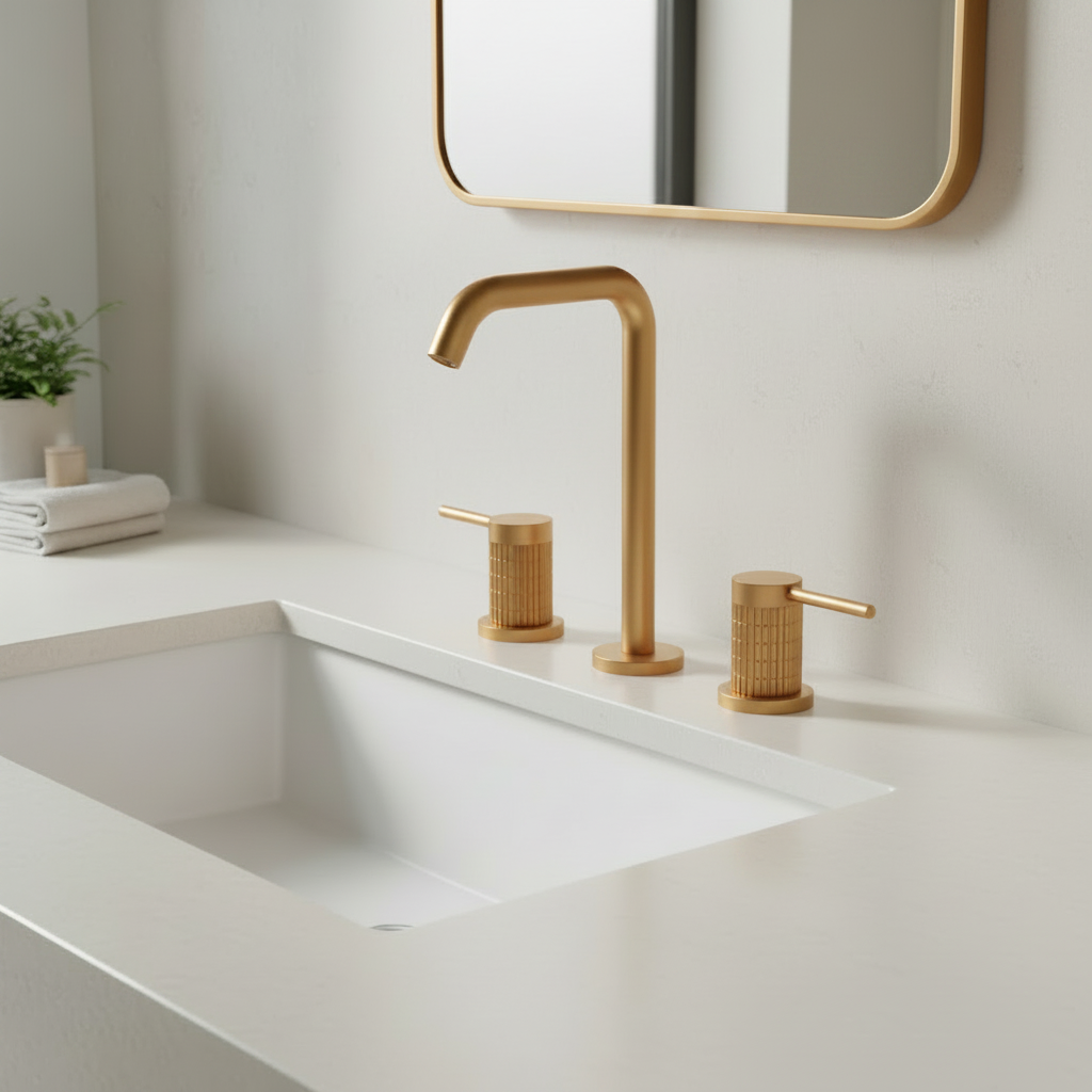 Modern bathroom with brushed gold faucet and mirror frame