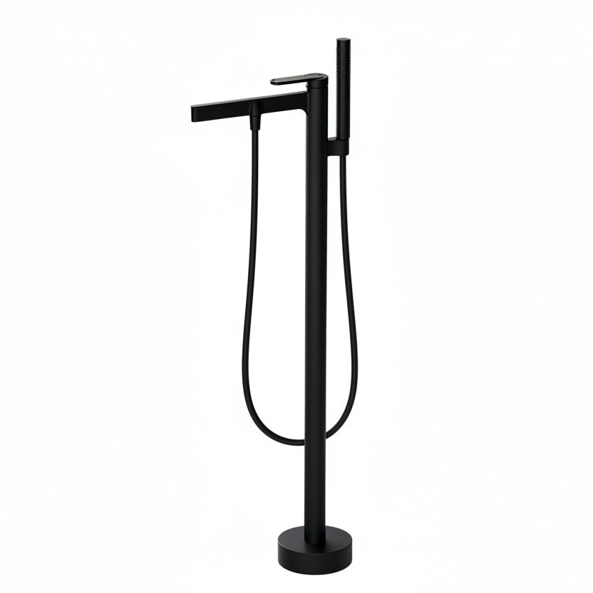 Black freestanding bathtub faucet on a white background