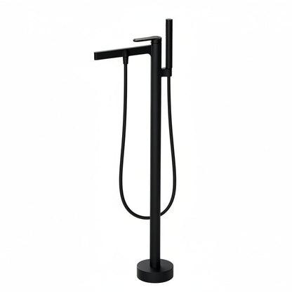 Black freestanding bathtub faucet on a white background