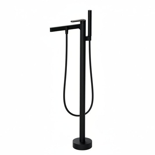 Black freestanding bathtub faucet on a white background