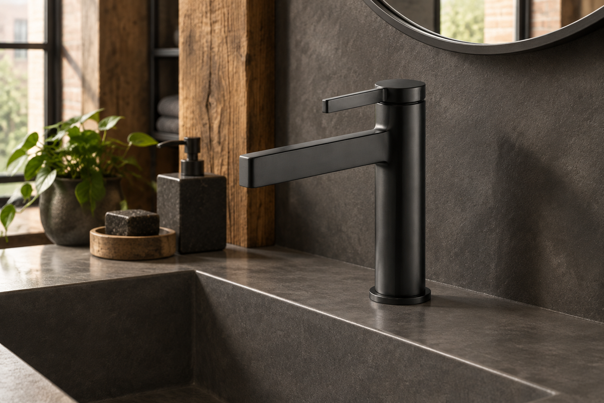 Accurate Matte Black PADOVA faucet in an industrial loft bathroom