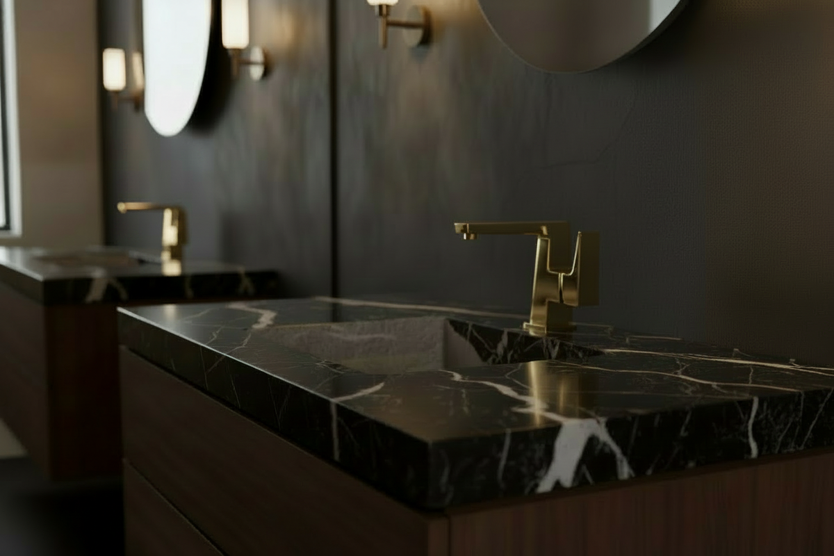 Background faucet matched to the brushed-gold finish
