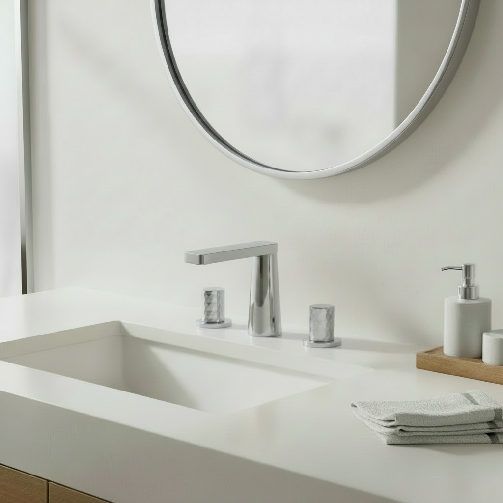 Bathroom lifestyle image with chrome mirror, faucet, left trim, and soap dispenser hardware