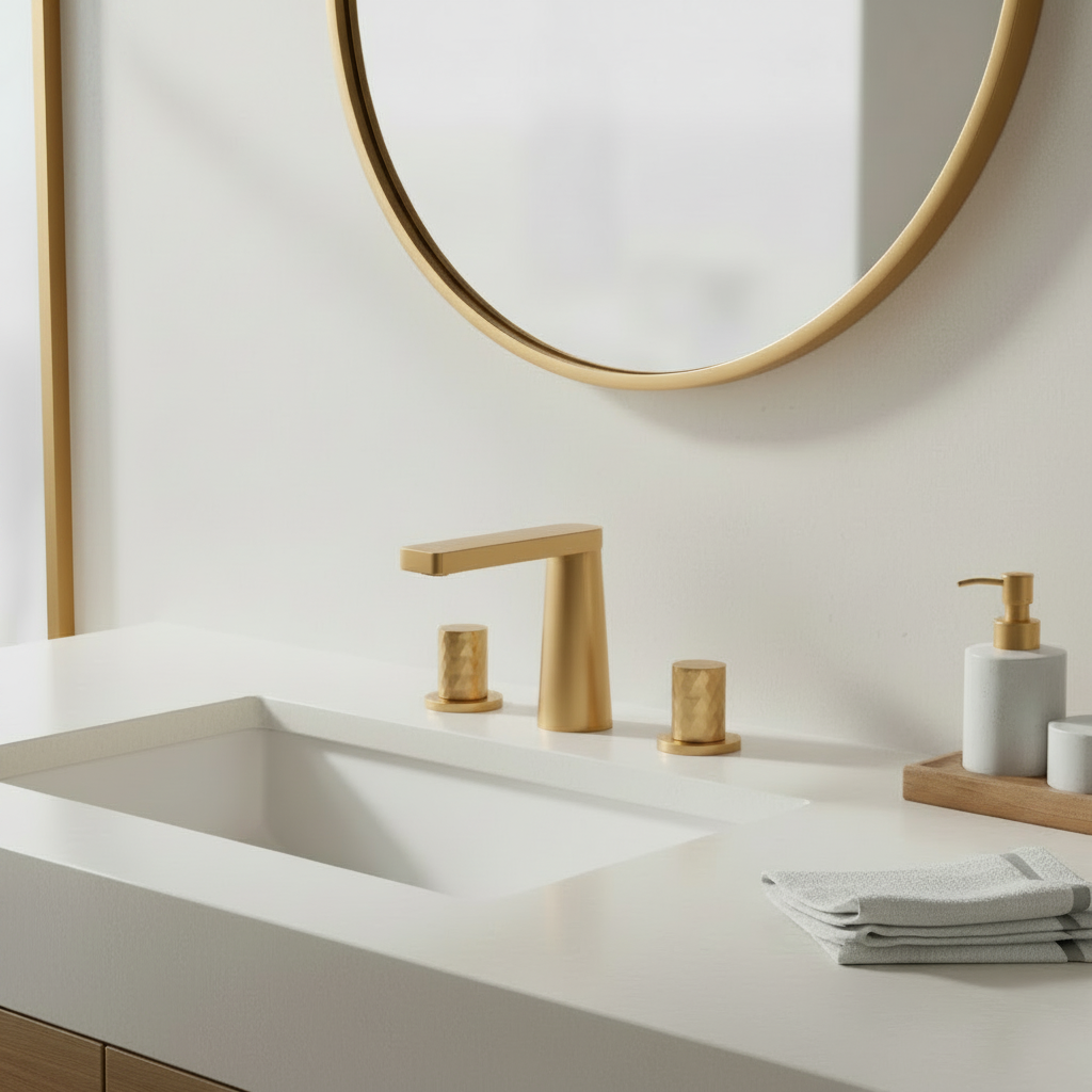 Bathroom lifestyle image with the left-side trim changed to brushed gold