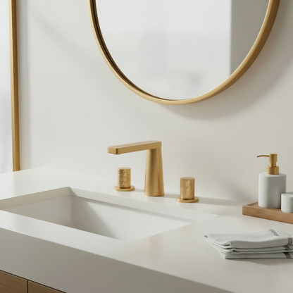 Bathroom lifestyle image with the left-side trim changed to brushed gold