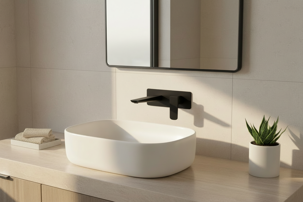 Bathroom lifestyle scene with a matte black faucet