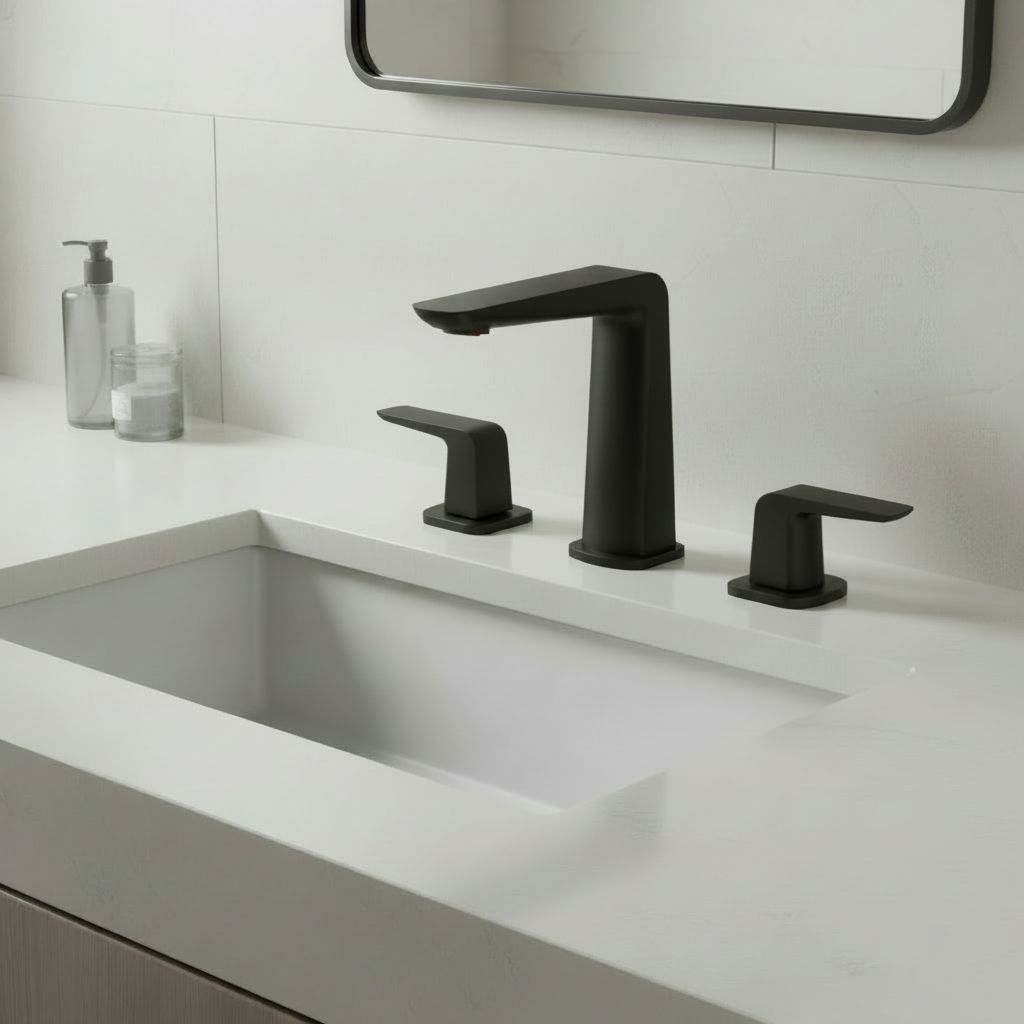 Bathroom scene with a deeper matte black faucet