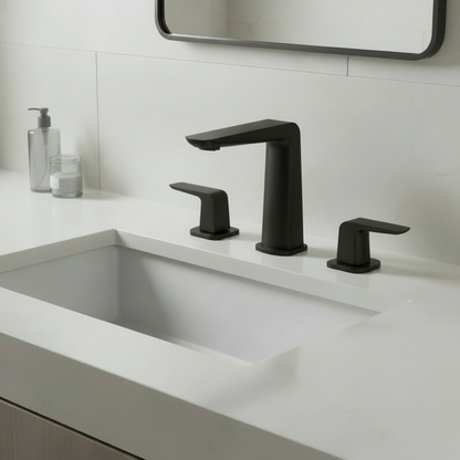 Bathroom scene with a deeper matte black faucet