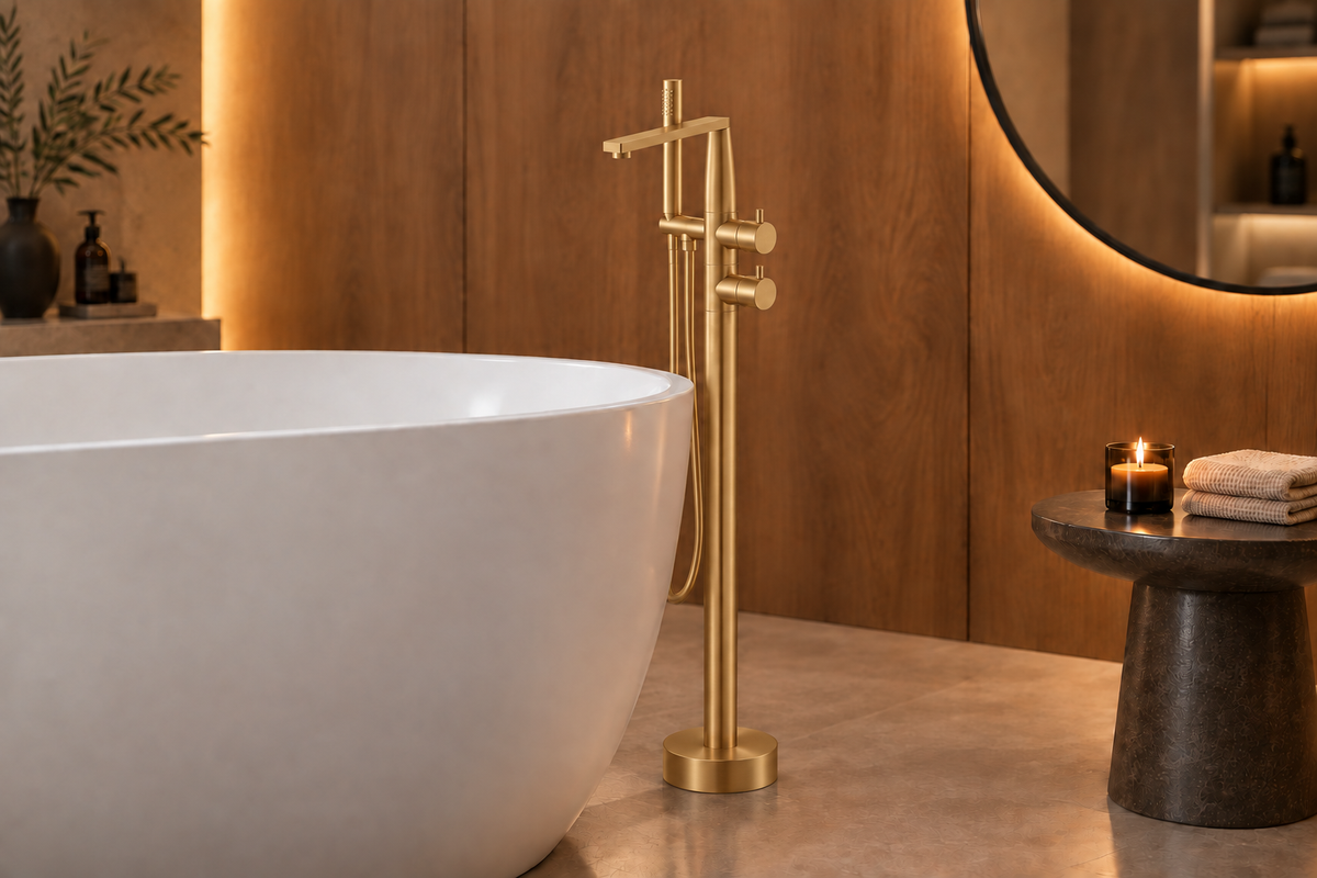 Bathroom scene with faucet in brushed gold finish