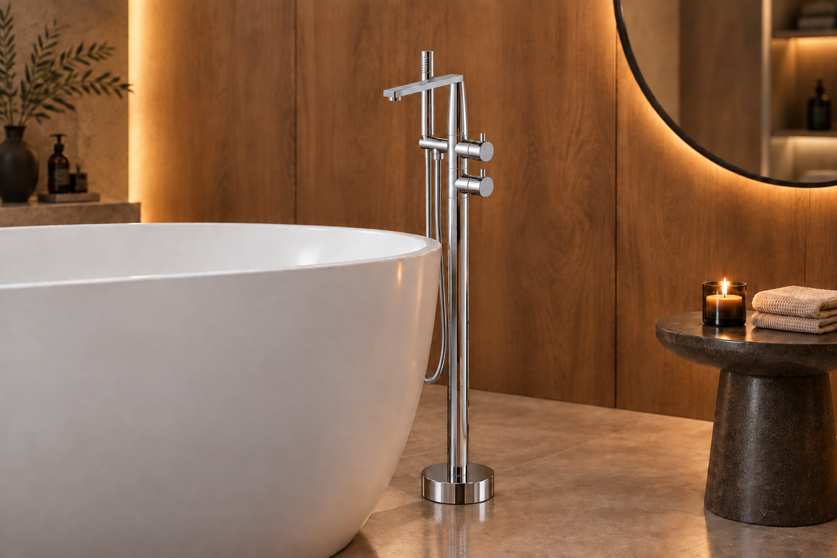 Bathroom scene with faucet in chrome finish