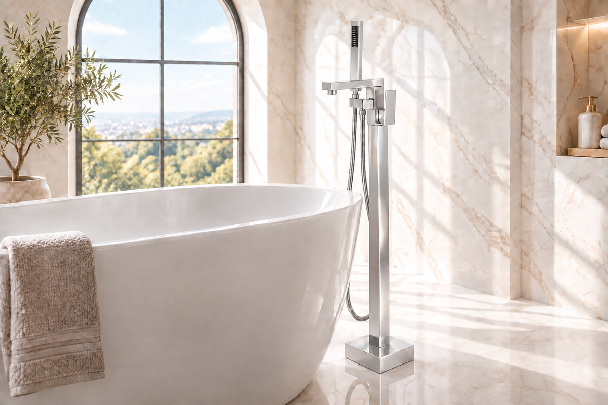 Bathroom scene with glossy chrome faucet, no environment reflections