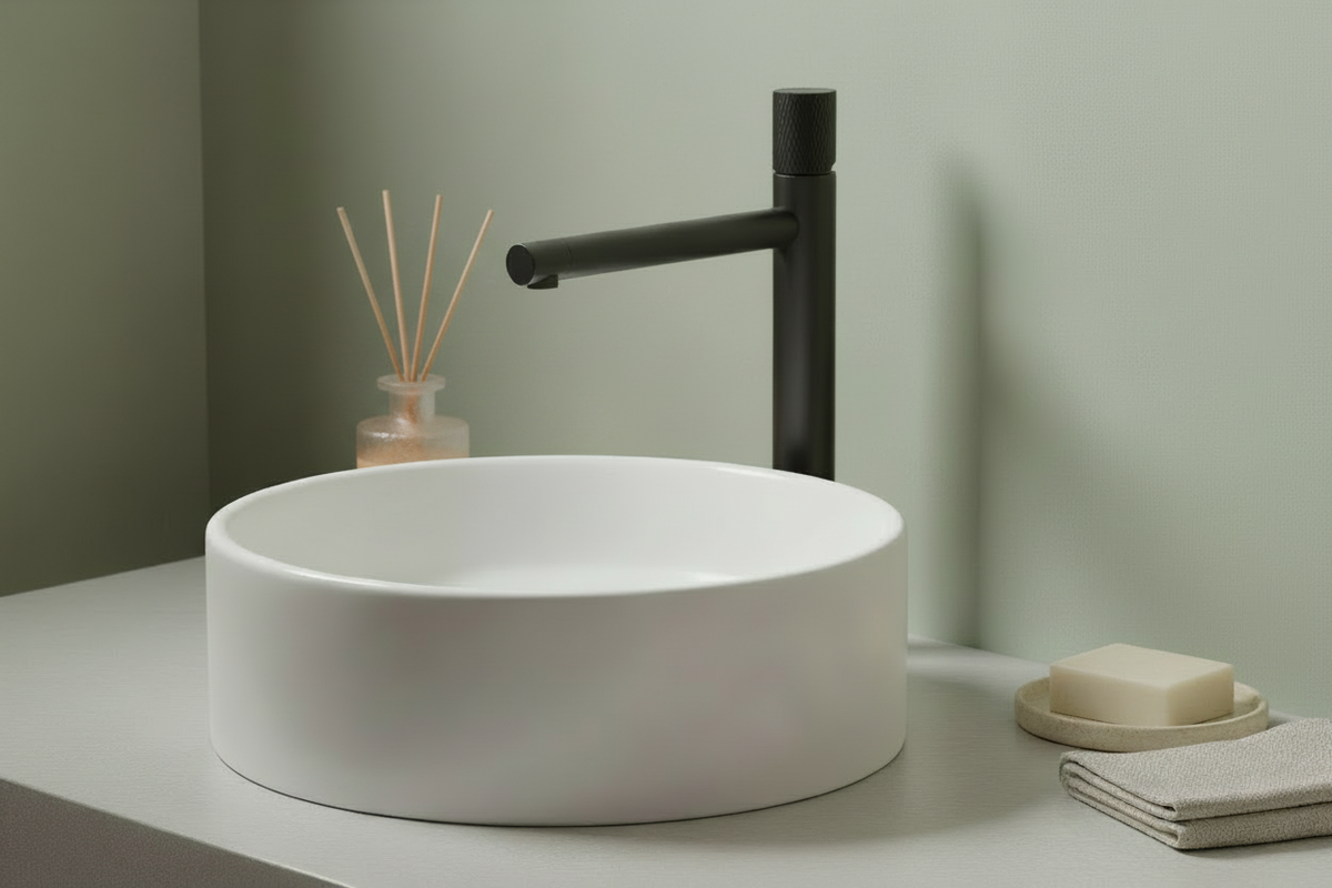 Bathroom with a reed diffuser beside the towel