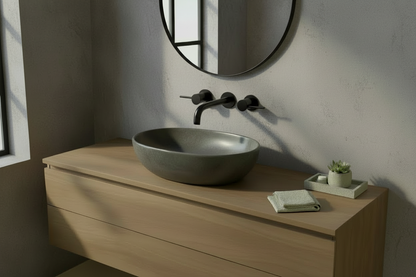 Bathroom with matte-black faucet and mirror frame