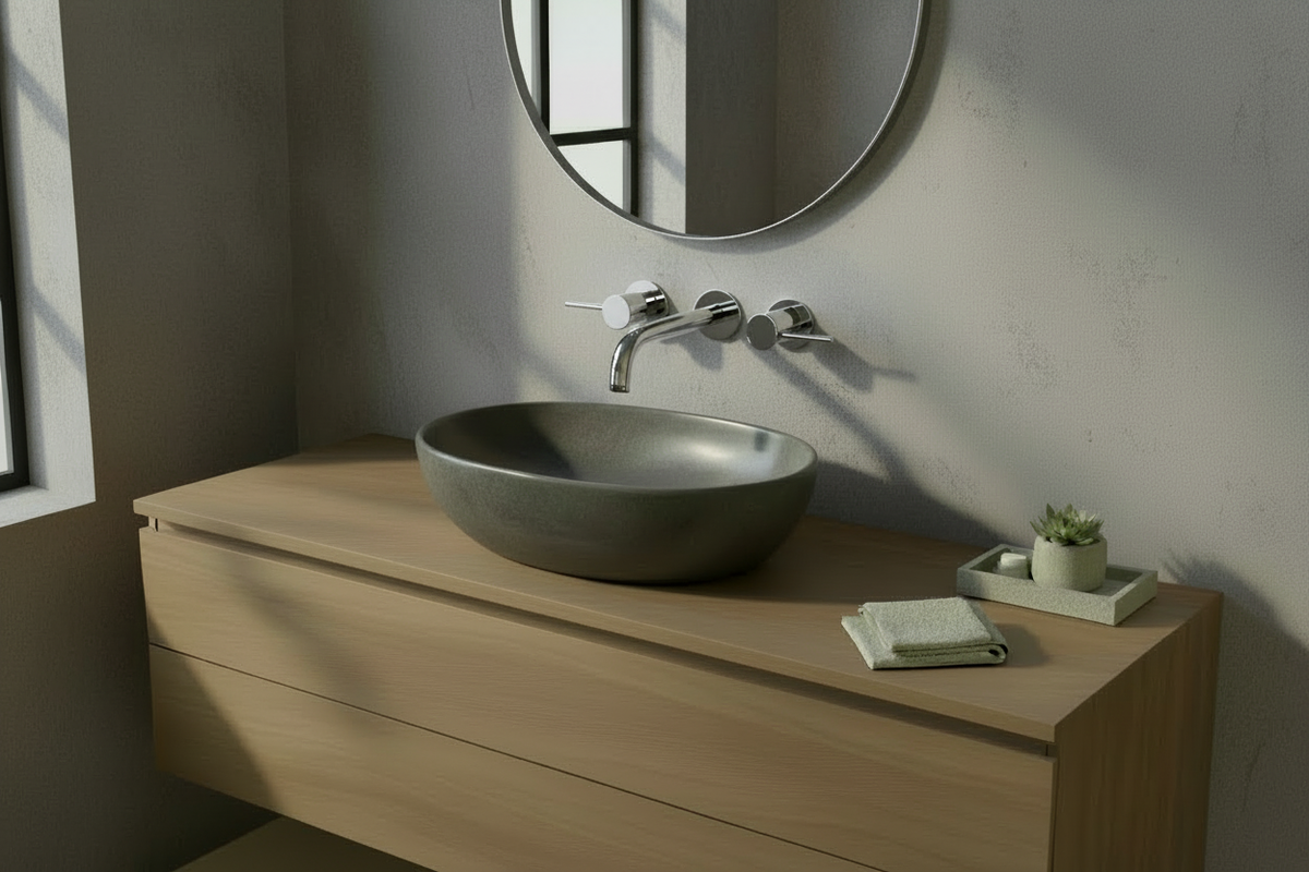 Bathroom with polished-chrome faucet and mirror frame