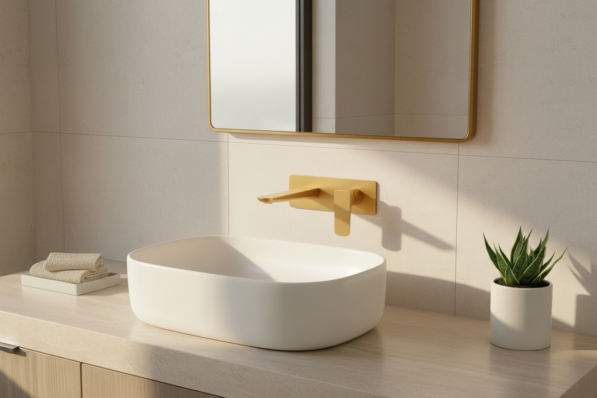 Brushed-gold bathroom scene with the original mirror reflection
