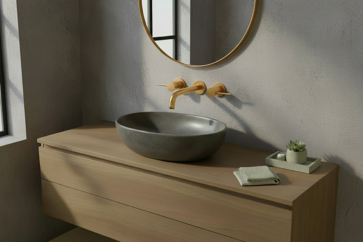 Brushed-gold faucet version with limewash-plaster walls