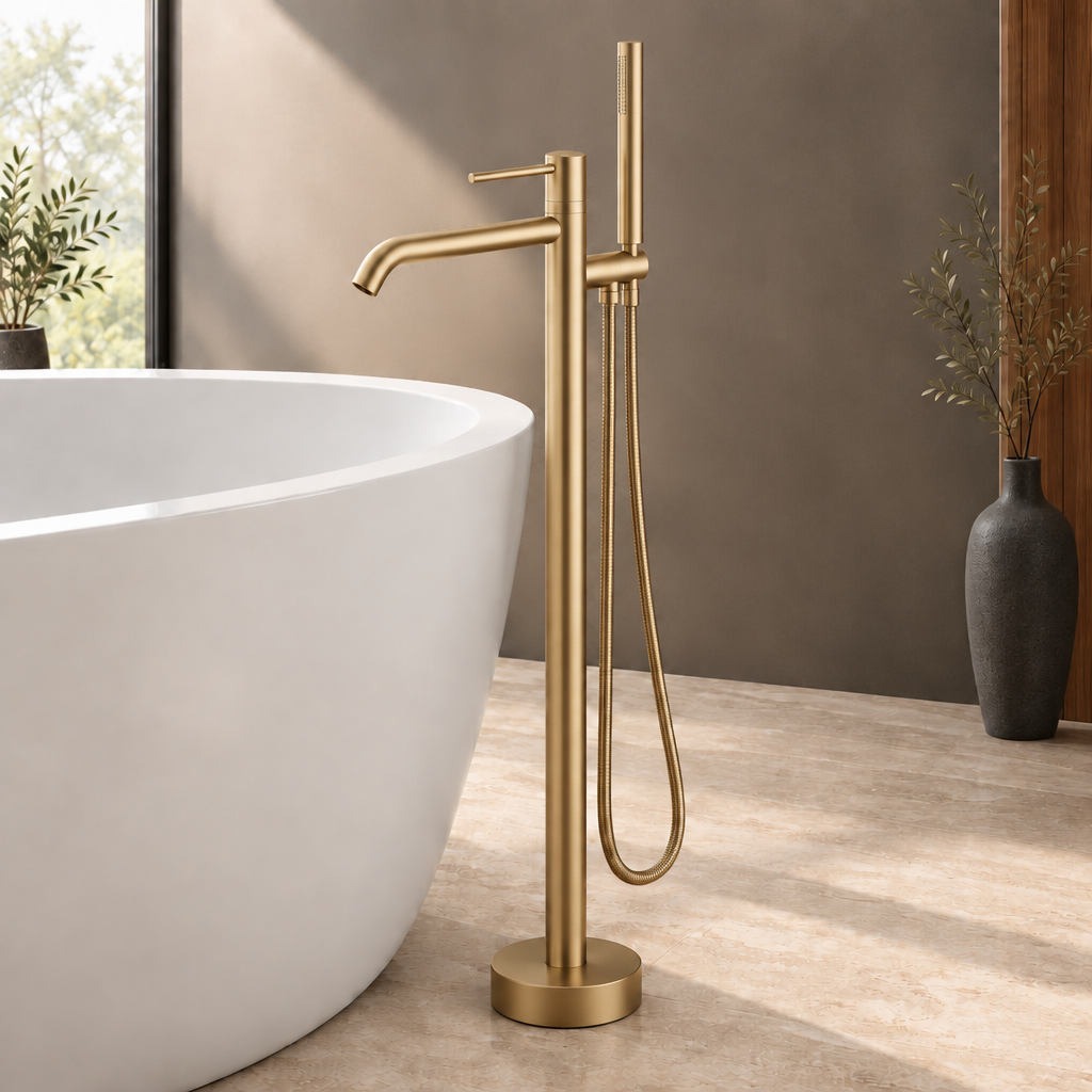 Brushed-gold freestanding faucet lifestyle image