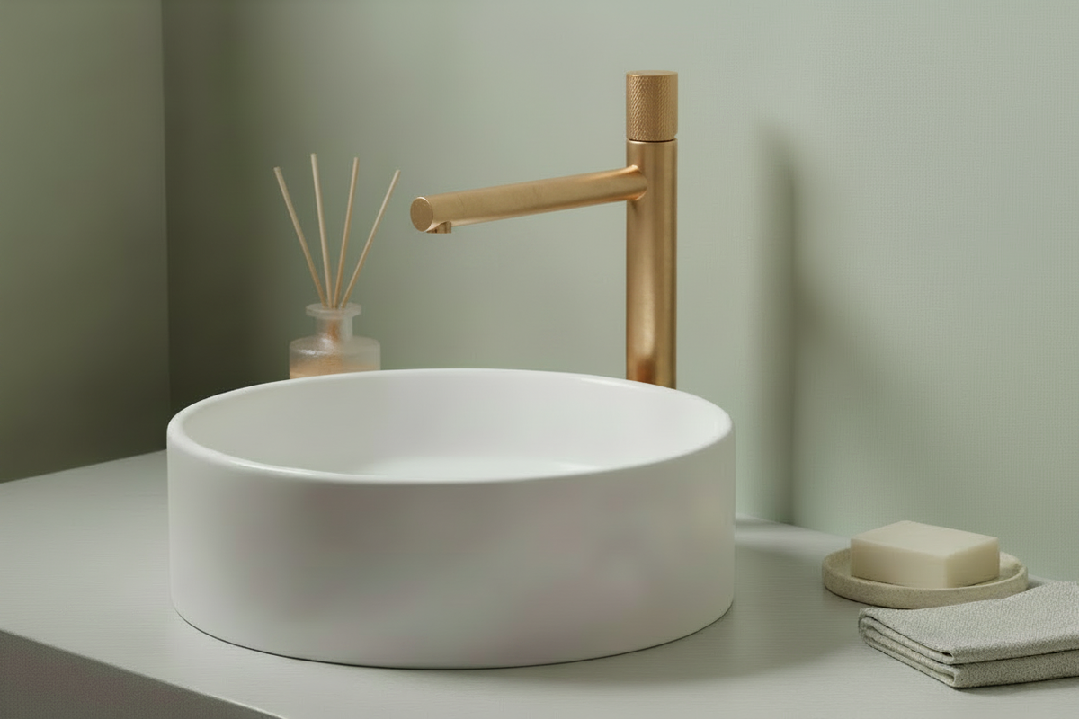 Brushed-gold vessel faucet in the bathroom lifestyle scene