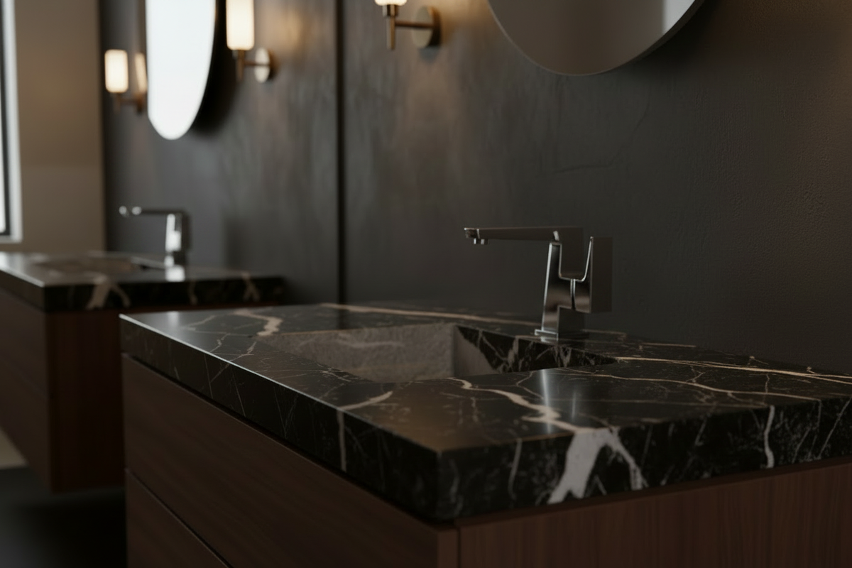 Chrome faucet in a moody luxury bathroom