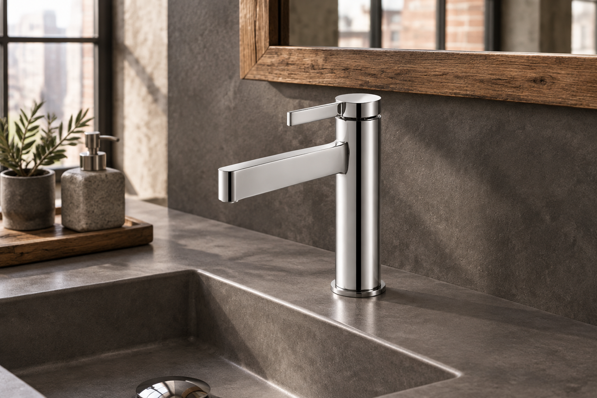 Chrome PADOVA faucet in an industrial loft bathroom