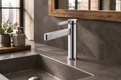 Chrome PADOVA faucet in an industrial loft bathroom