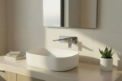 Clean reflective chrome faucet in the bathroom scene
