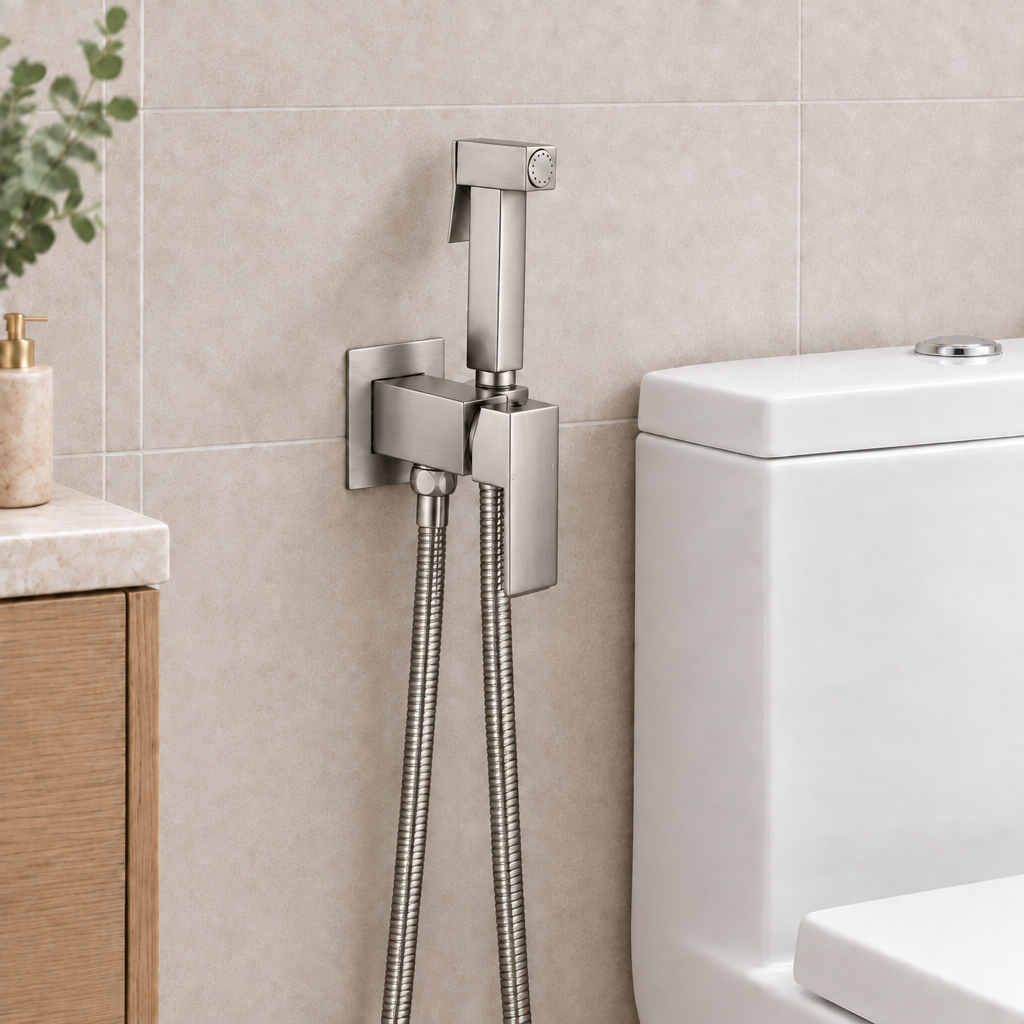 Cropped bathroom scene with bidet sprayer in brushed nickel