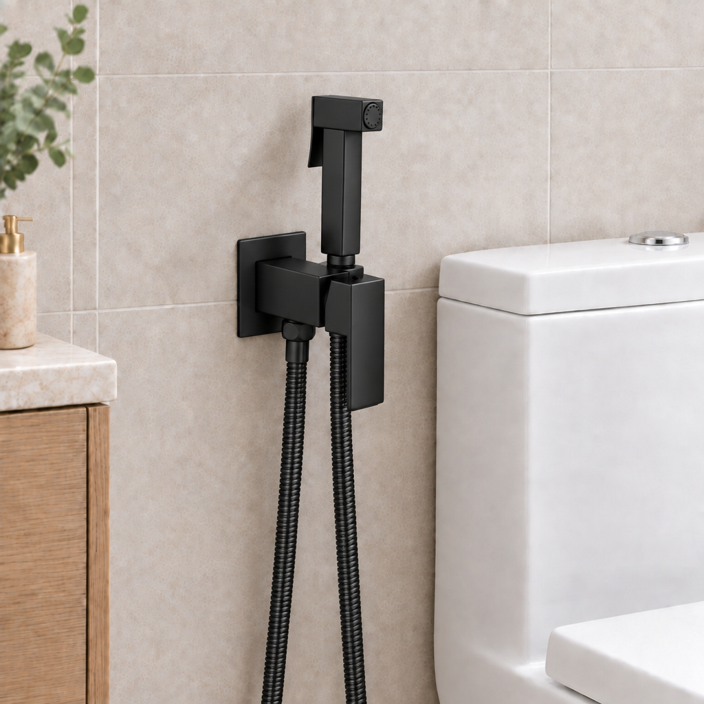 Cropped bathroom scene with bidet sprayer in matte black