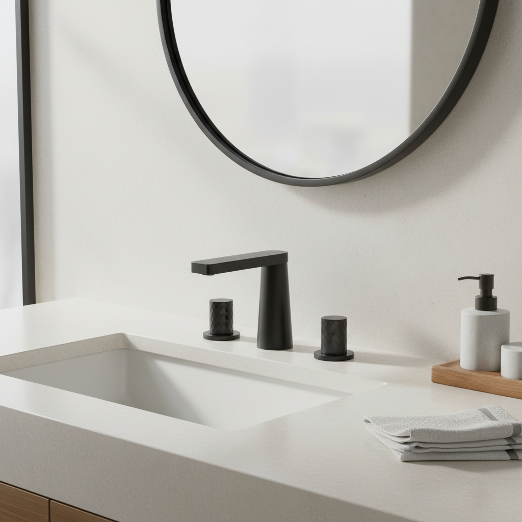 Fresh modern bathroom lifestyle image with the correctly proportioned matte black faucet