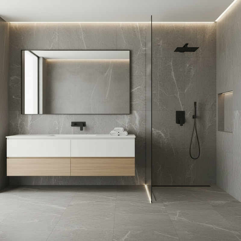 High-end Roma bathroom with slate-grey stone walls