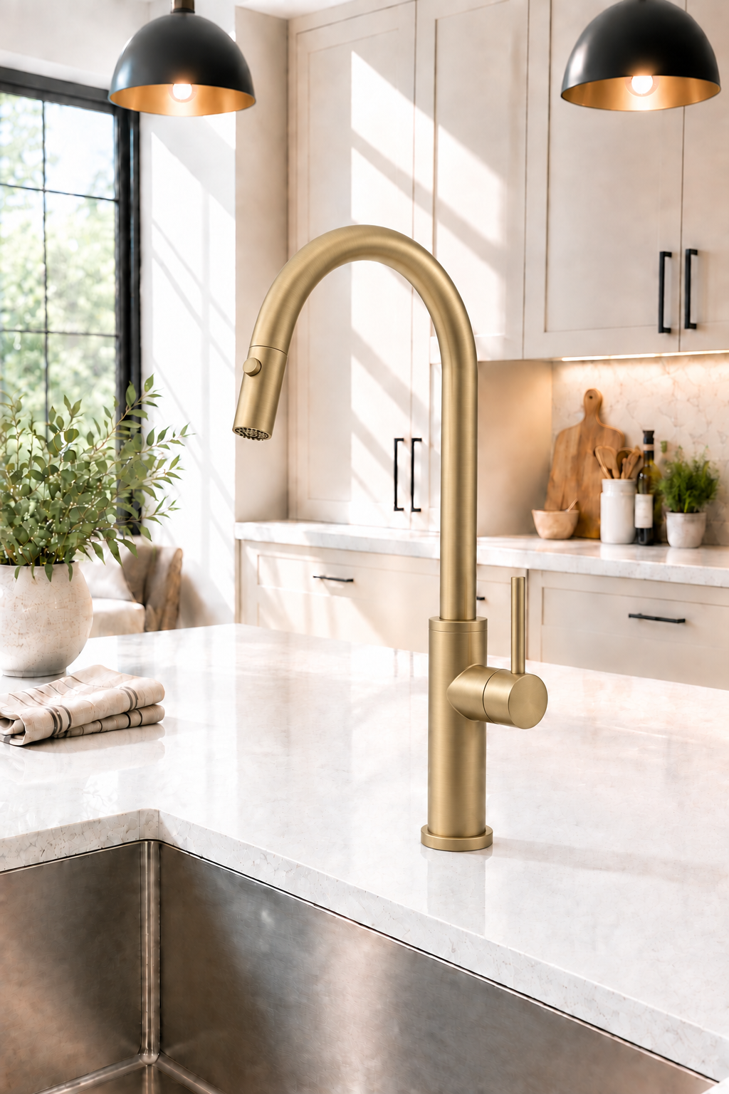Kitchen scene with brushed gold faucet