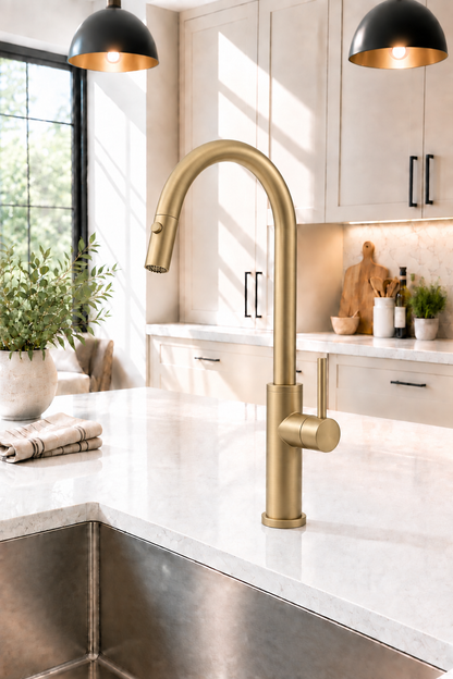 Kitchen scene with brushed gold faucet