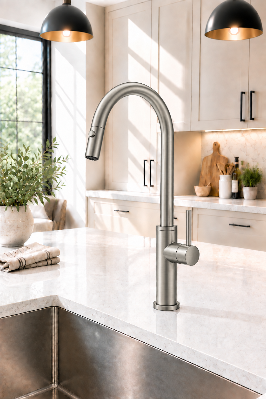 Kitchen scene with brushed nickel faucet