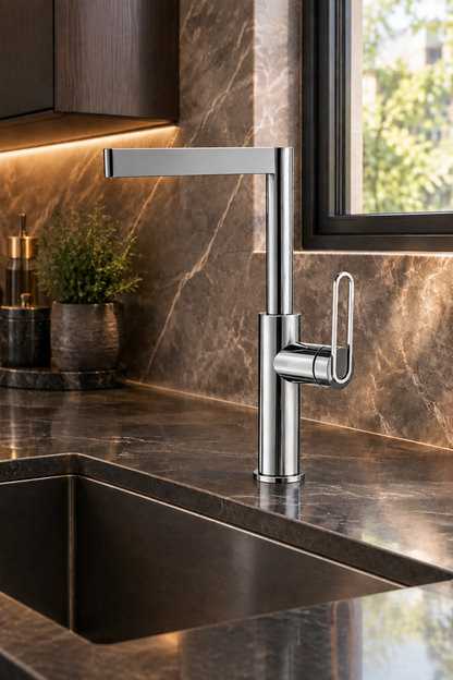 Kitchen scene with faucet fully in chrome