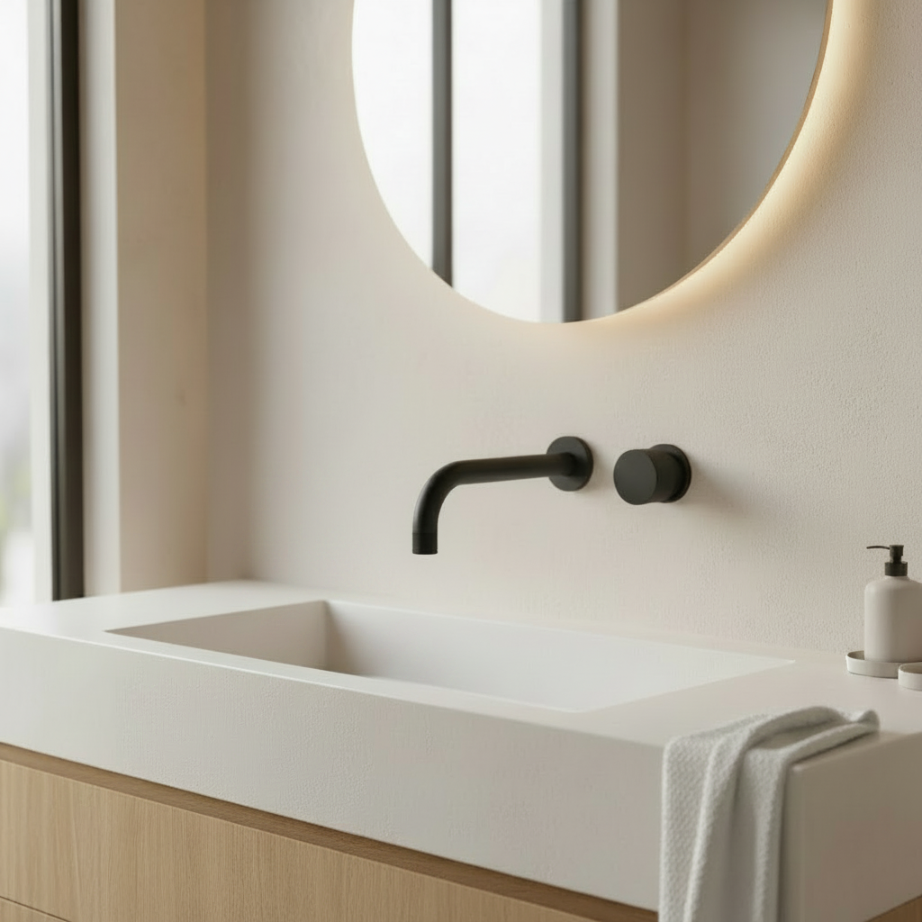 Lifestyle bathroom image with the left soap dispenser removed