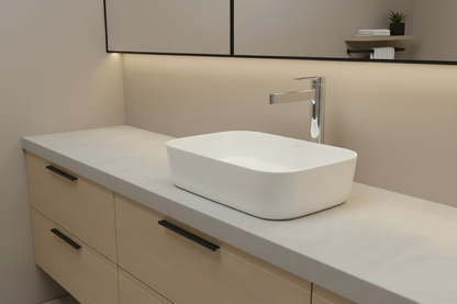 Modern bathroom close-up with a chrome Capri faucet