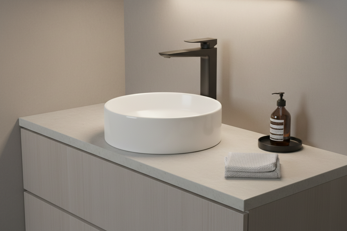 Modern bathroom lifestyle image featuring the squared vessel faucet