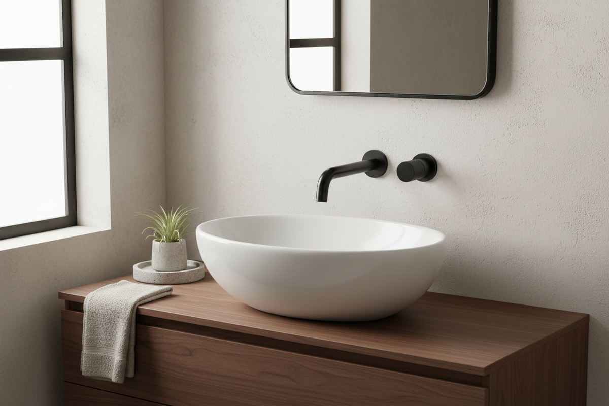 Modern bathroom lifestyle scene with the black wall-mounted faucet