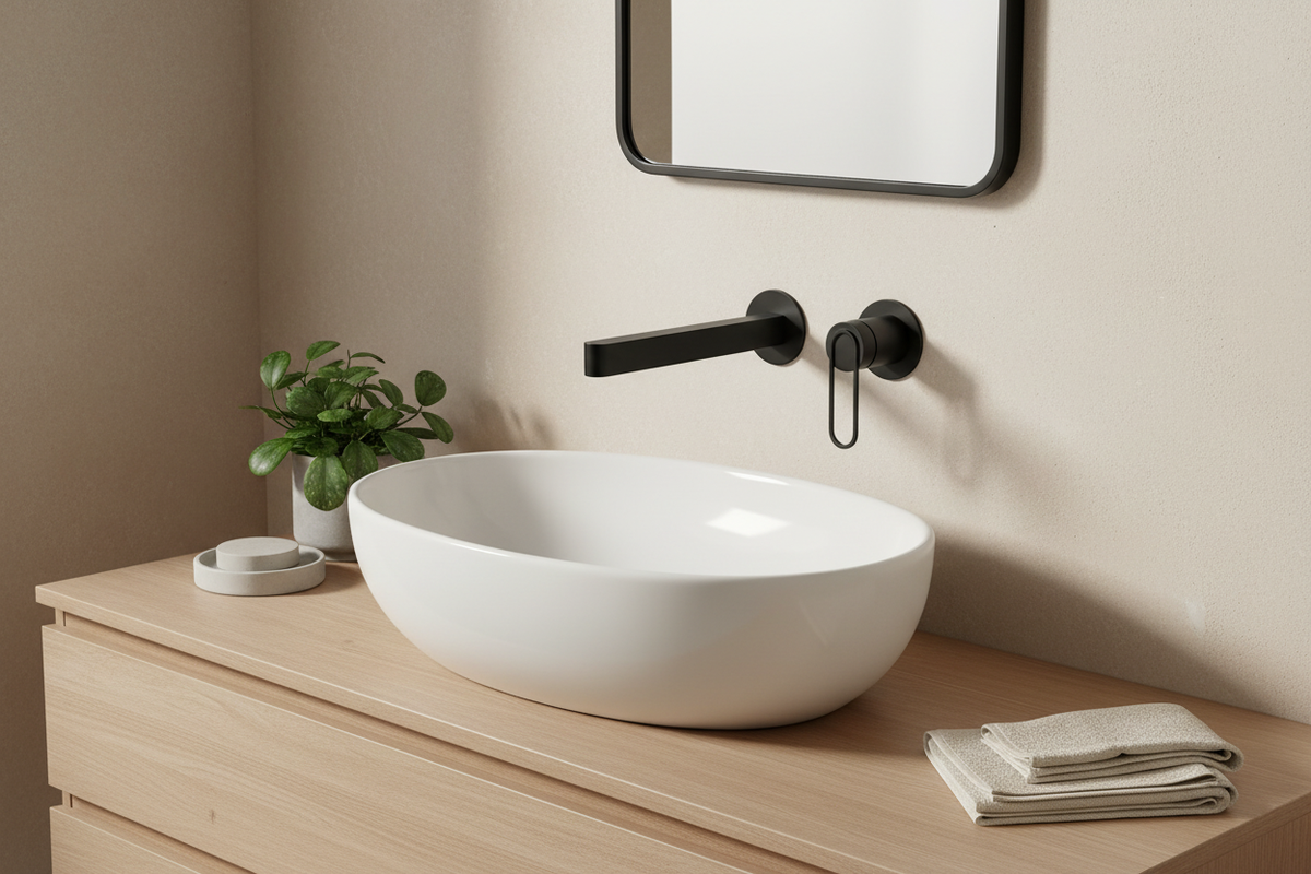 Modern bathroom lifestyle scene with the new black faucet