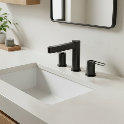 Modern bathroom with a black-framed mirror and matte black faucet