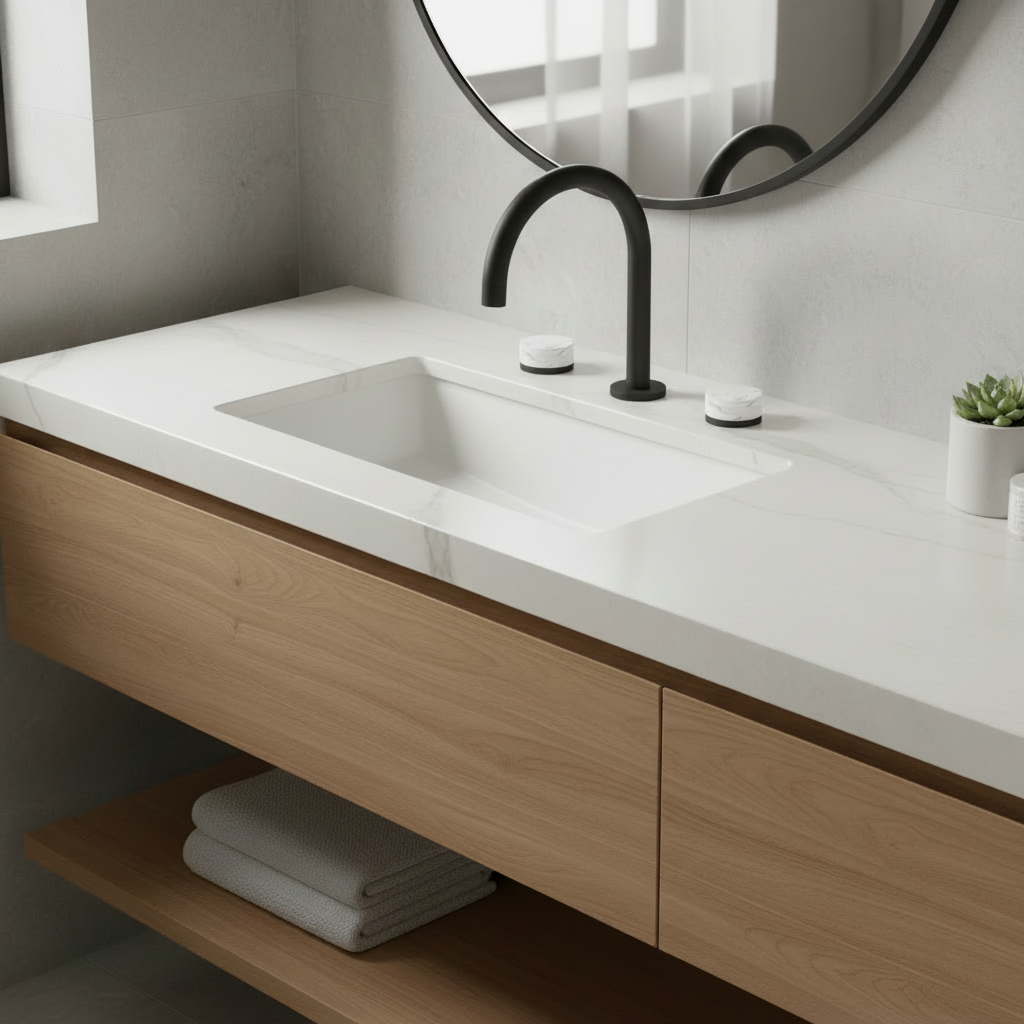 Modern bathroom with a circular black-framed mirror