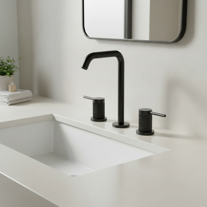Modern bathroom with a matte black-framed mirror