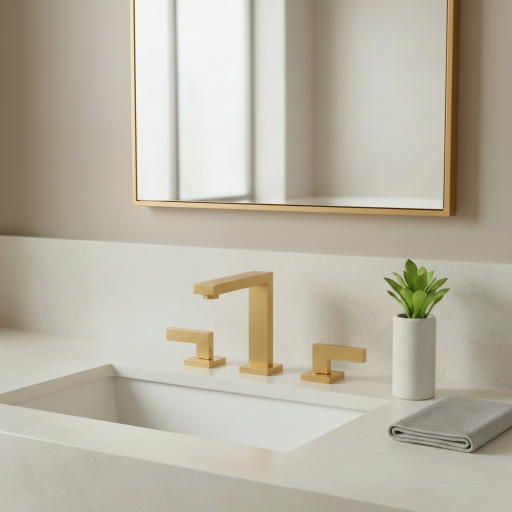 Modern bathroom with brushed gold faucet and mirror frame