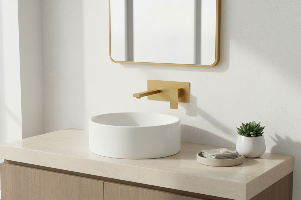 Modern bathroom with brushed-gold faucet and mirror frame