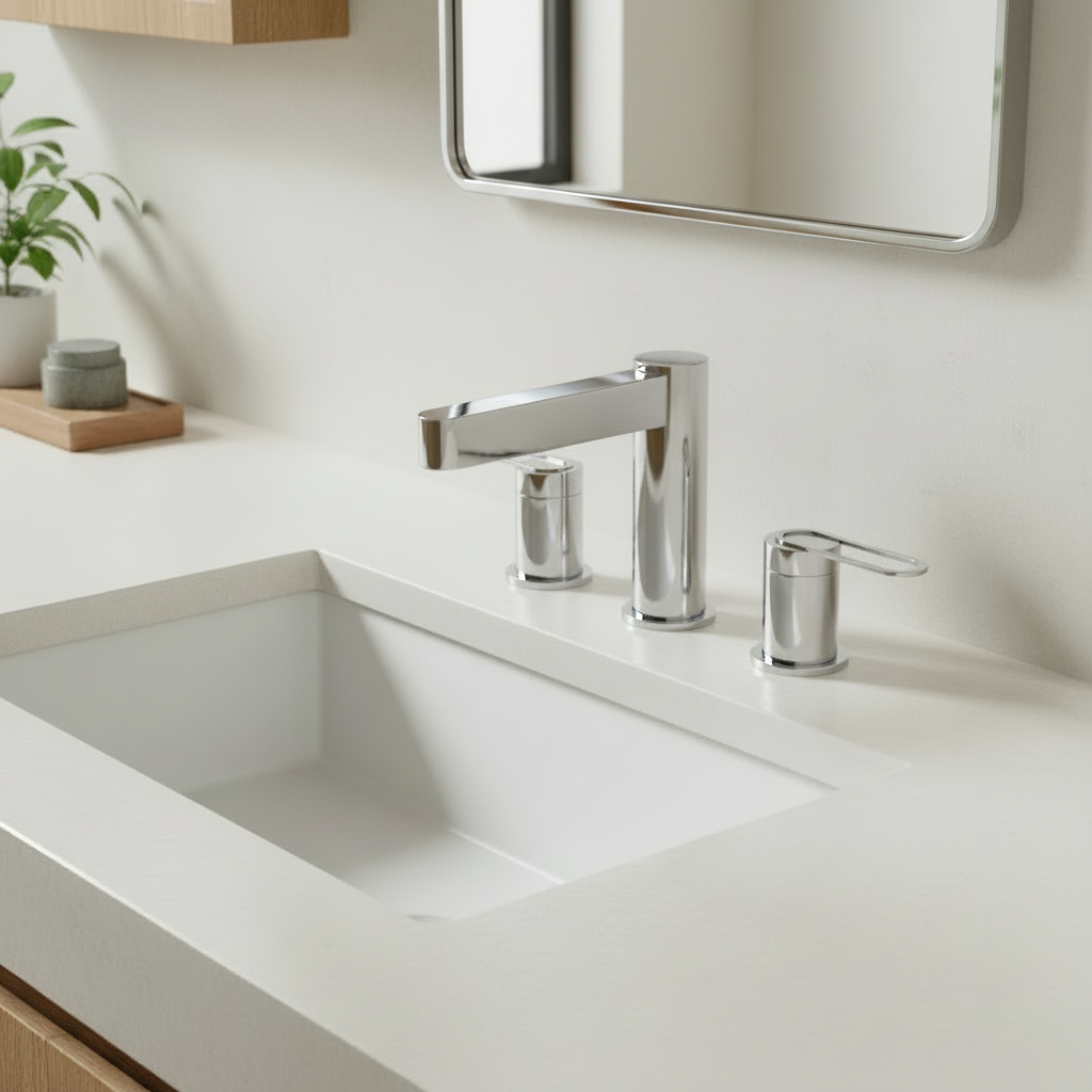 Modern bathroom with chrome faucet and mirror frame