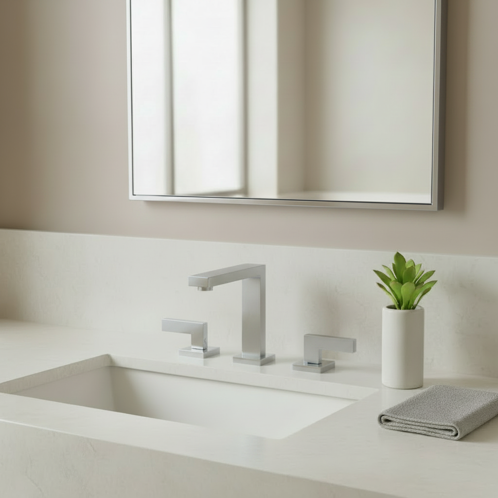 Modern bathroom with chrome faucet and mirror frame