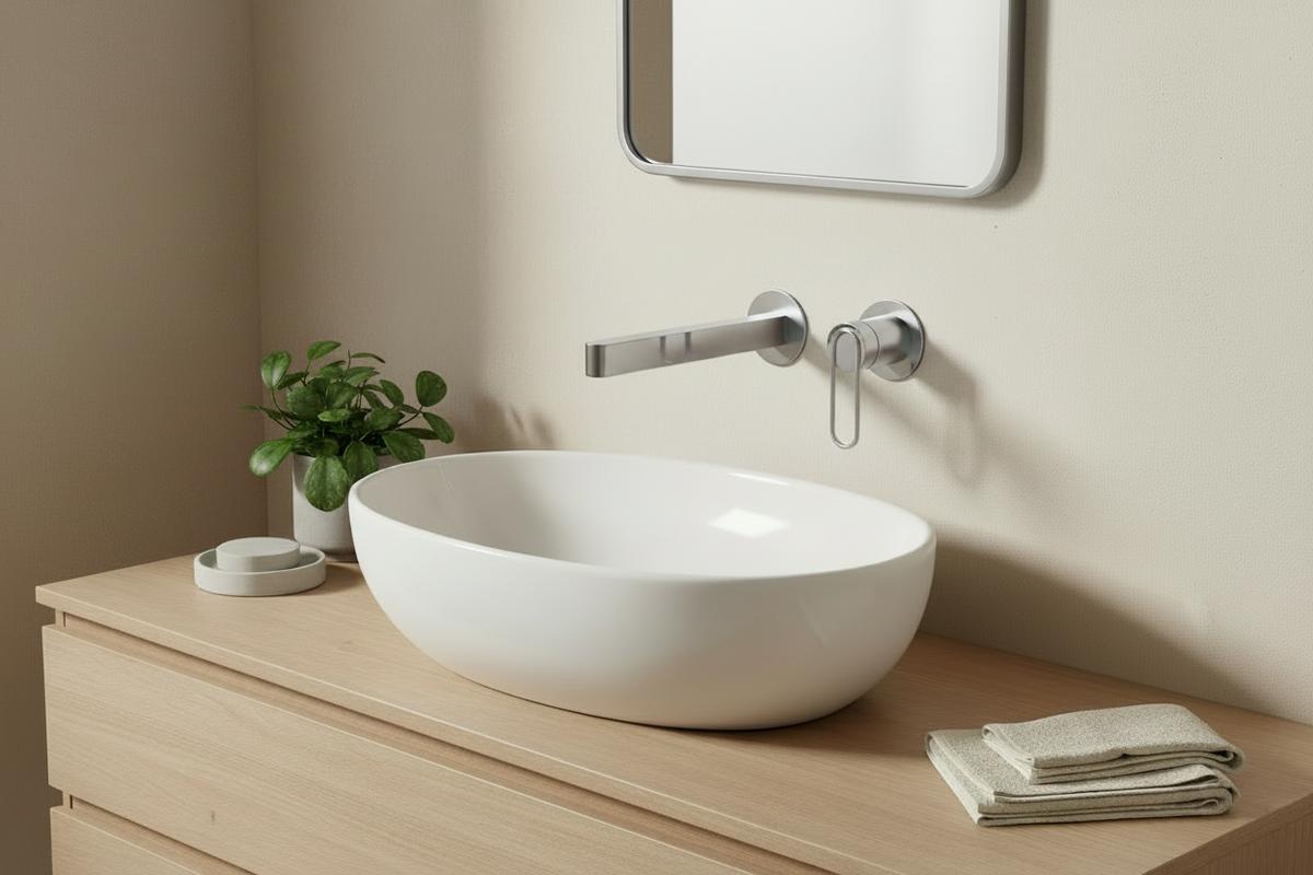 Modern bathroom with chrome faucet and mirror frame