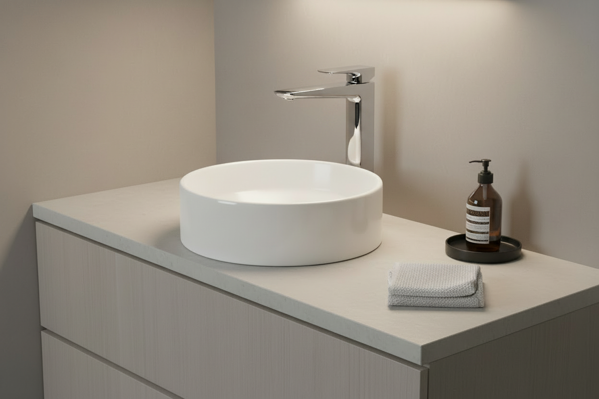 Modern bathroom with chrome squared vessel faucet