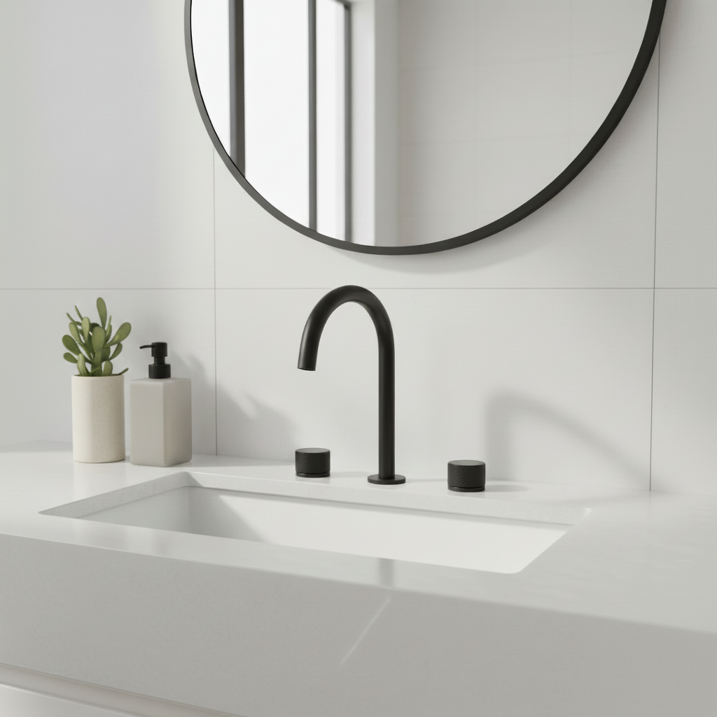 Modern bathroom with faucet, circular mirror, and countertop decor